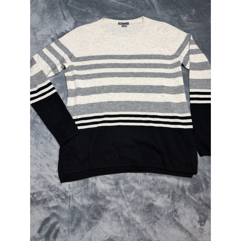 VINCE Luxury Cashmere Wool Women's Sweater Size Large Gray Black Stripe Crewneck